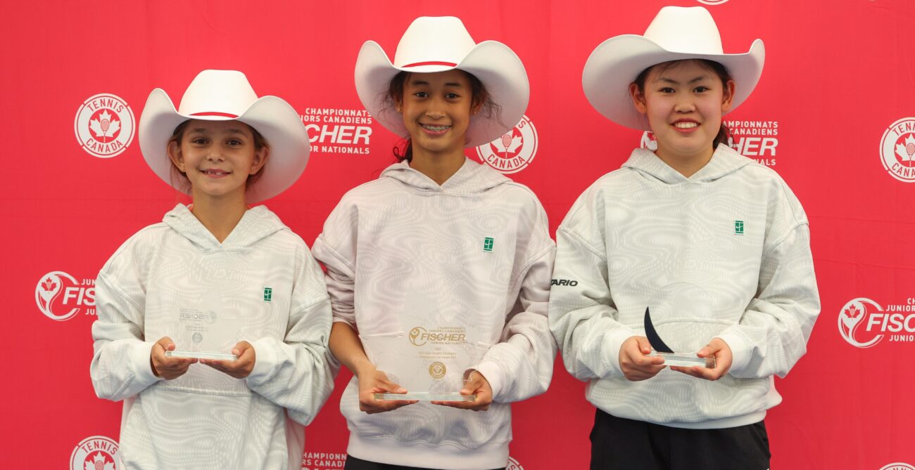 Three girls from the U12 junior nationals, wearing stetsons, hold up their trophies.