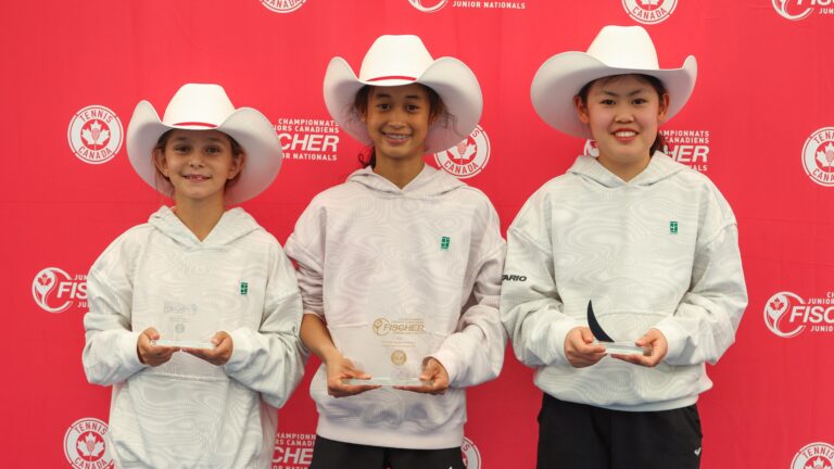Three girls from the U12 junior nationals, wearing stetsons, hold up their trophies.
