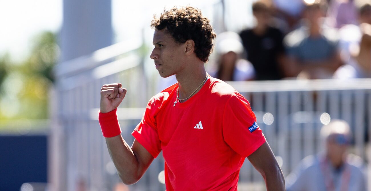Gabriel Diallo pumps his fist. He will make his return after a short injury this week on clay.