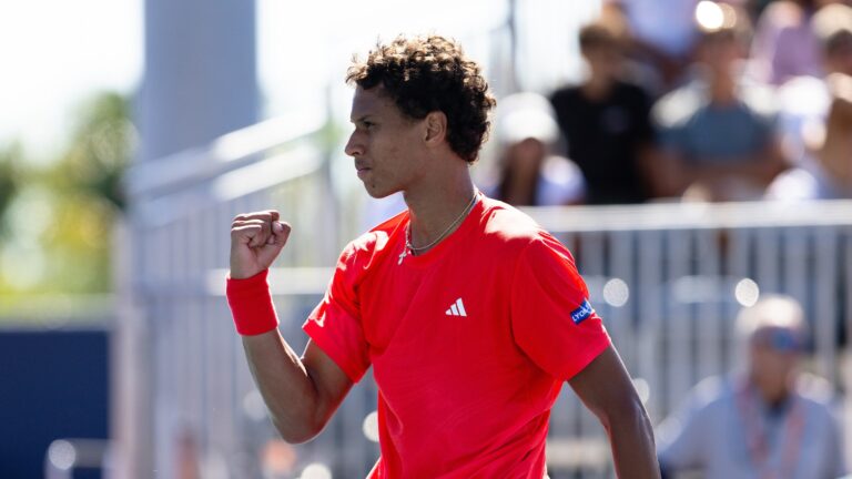 Gabriel Diallo pumps his fist. He will make his return after a short injury this week on clay.